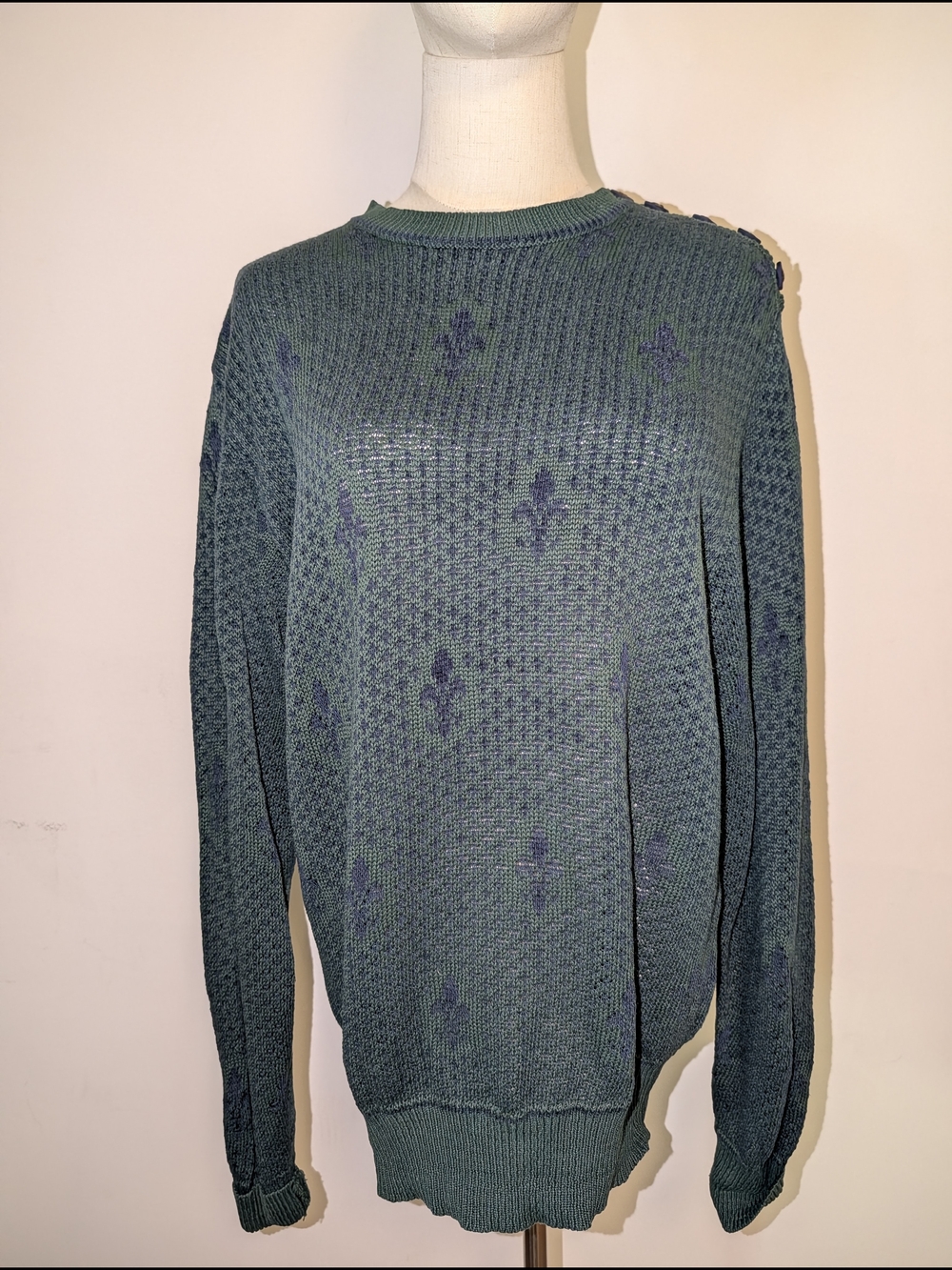 Vintage Green/Navy Fleur De Lis Patterned Button Shoulder Sweater